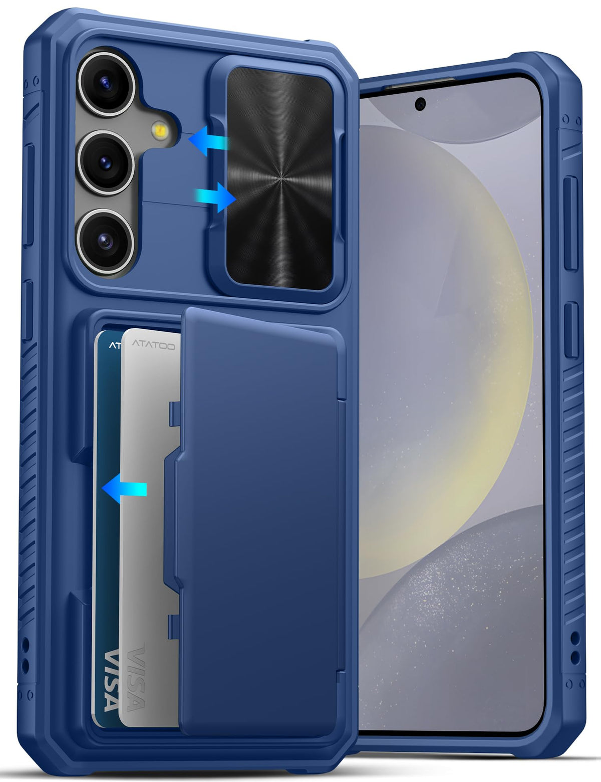 Military-grade shockproof phone case for Samsung Galaxy S24, with built-in card holder.