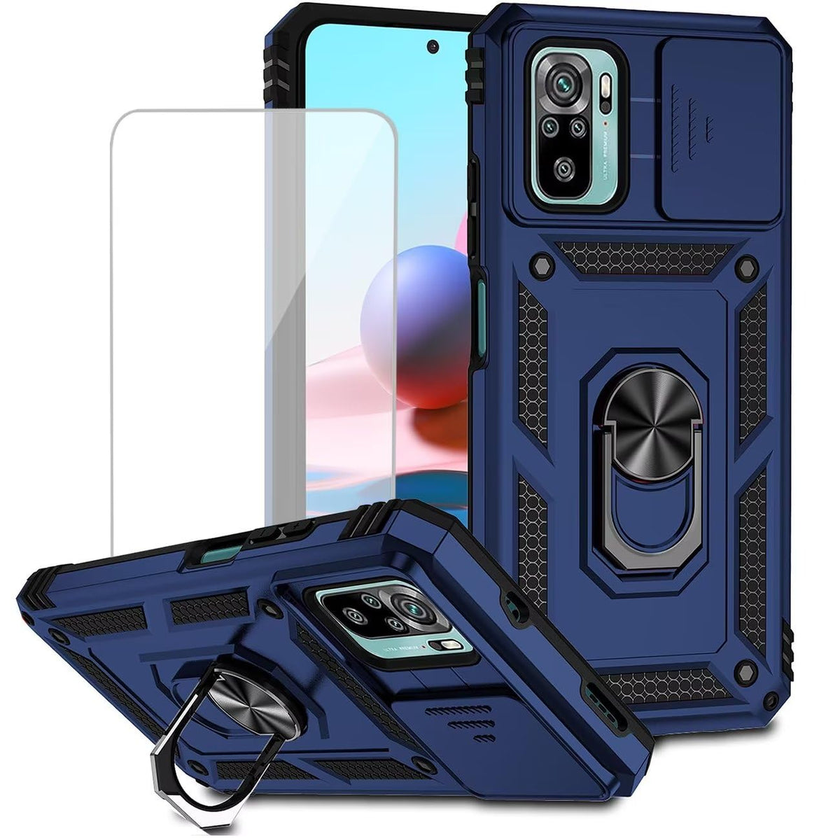 Magnetic phone case for Redmi Note 10/Redmi Note 10S/Poco M5S, with tempered glass screen protector.
