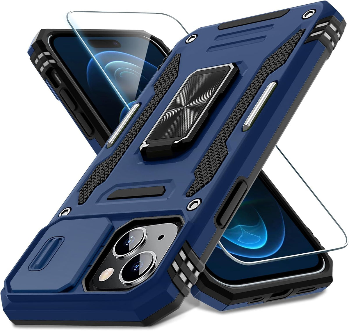 Military-grade shockproof phone case for iPhone 15 Plus with sliding camera cover and screen protector (1 piece)