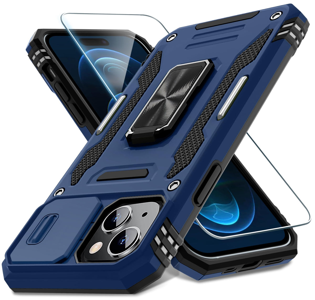 Military-grade shockproof phone case for iPhone 15 Plus with sliding camera cover and screen protector (1 piece)
