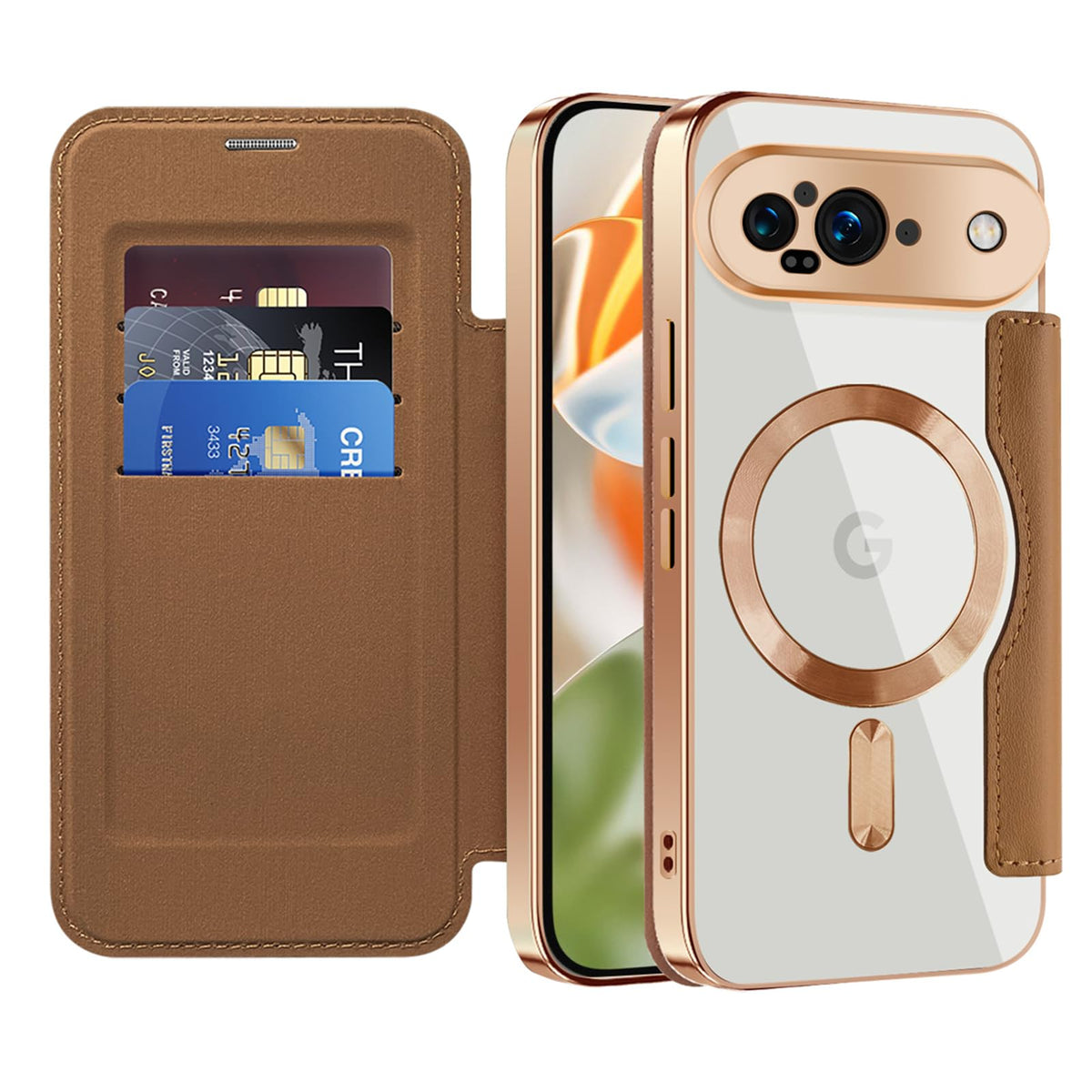 Flip wallet-style PU leather phone case for Google Pixel 10, MagSafe compatible.