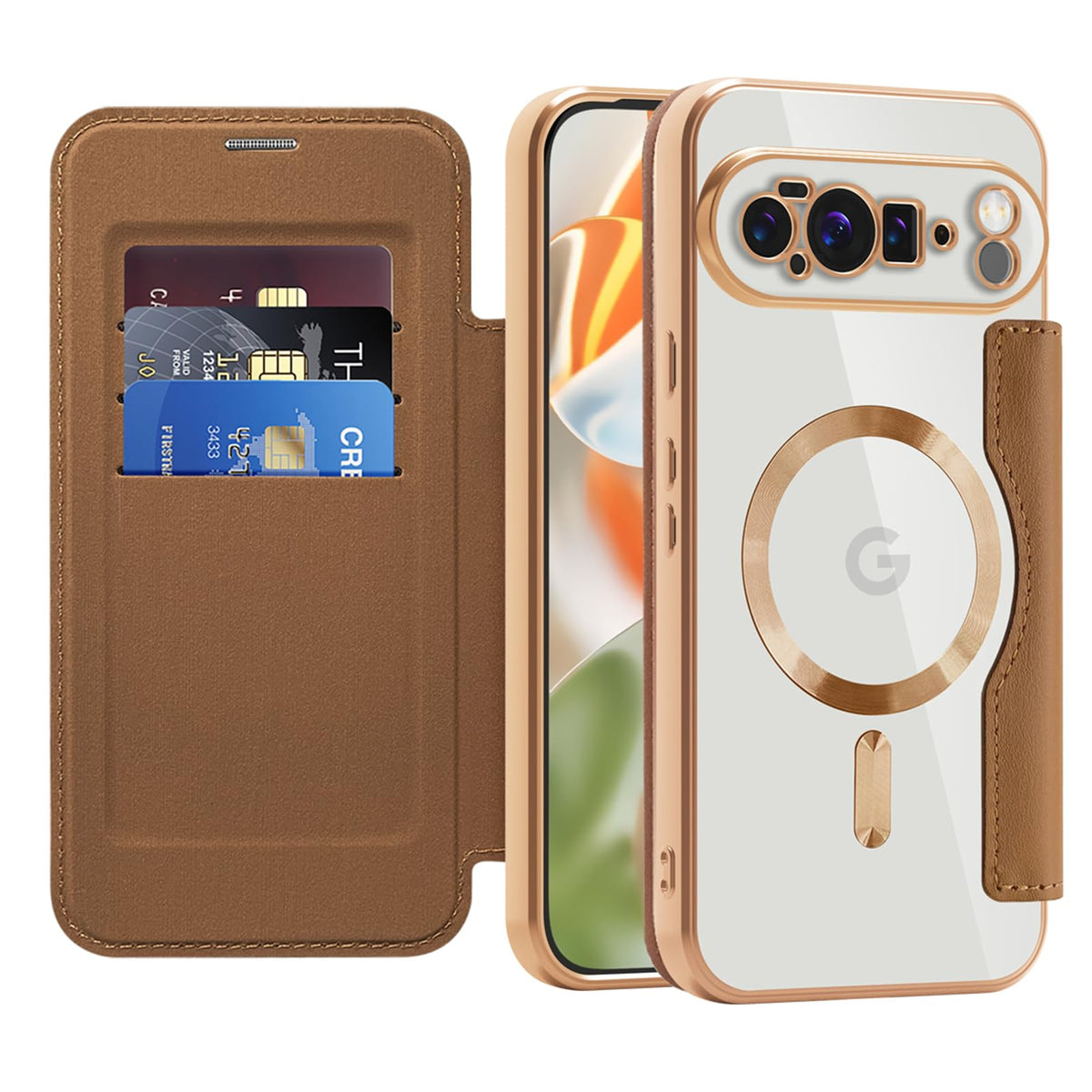 Flip wallet-style PU leather phone case for Google Pixel 10, MagSafe compatible.