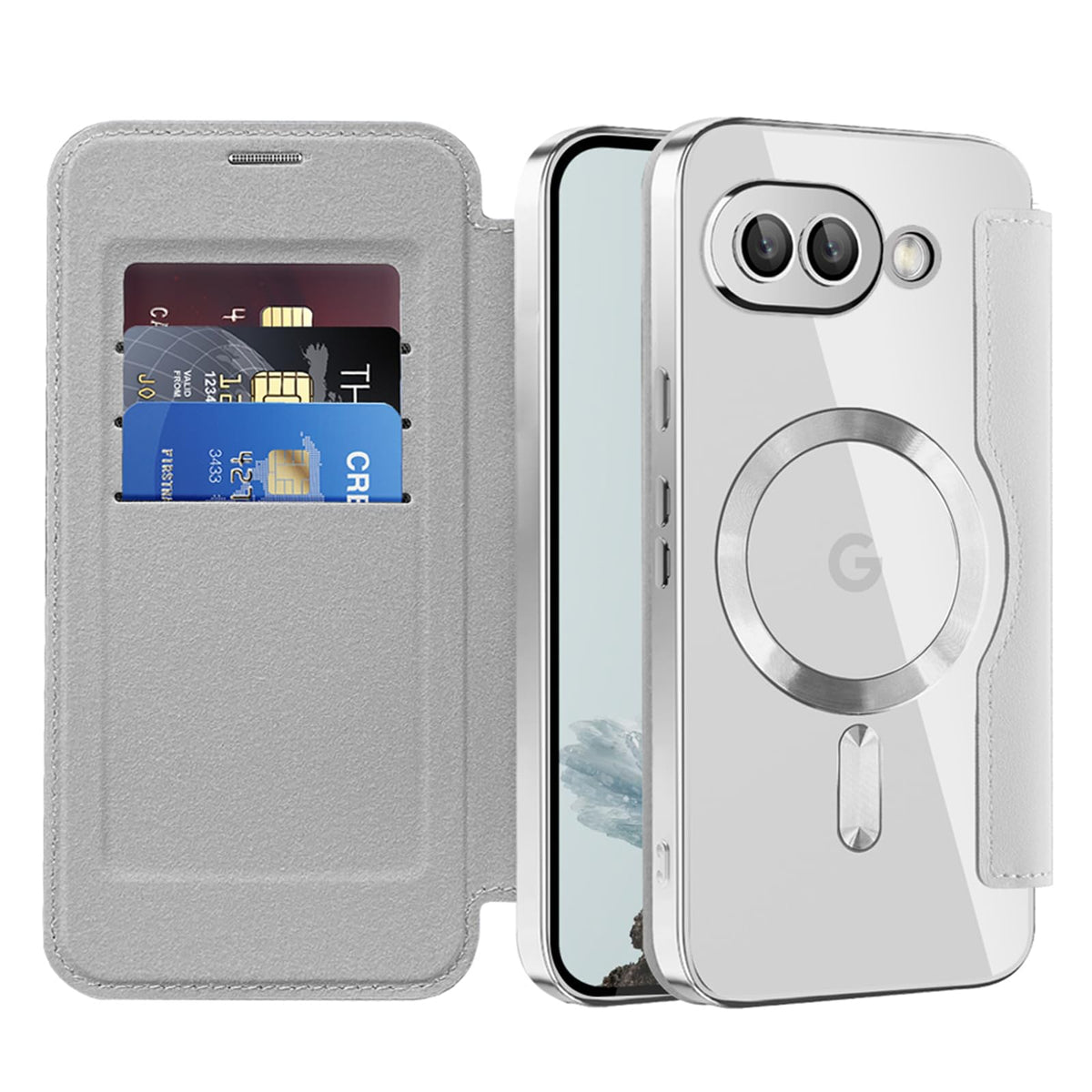 Flip wallet-style PU leather phone case for Google Pixel 10, MagSafe compatible.