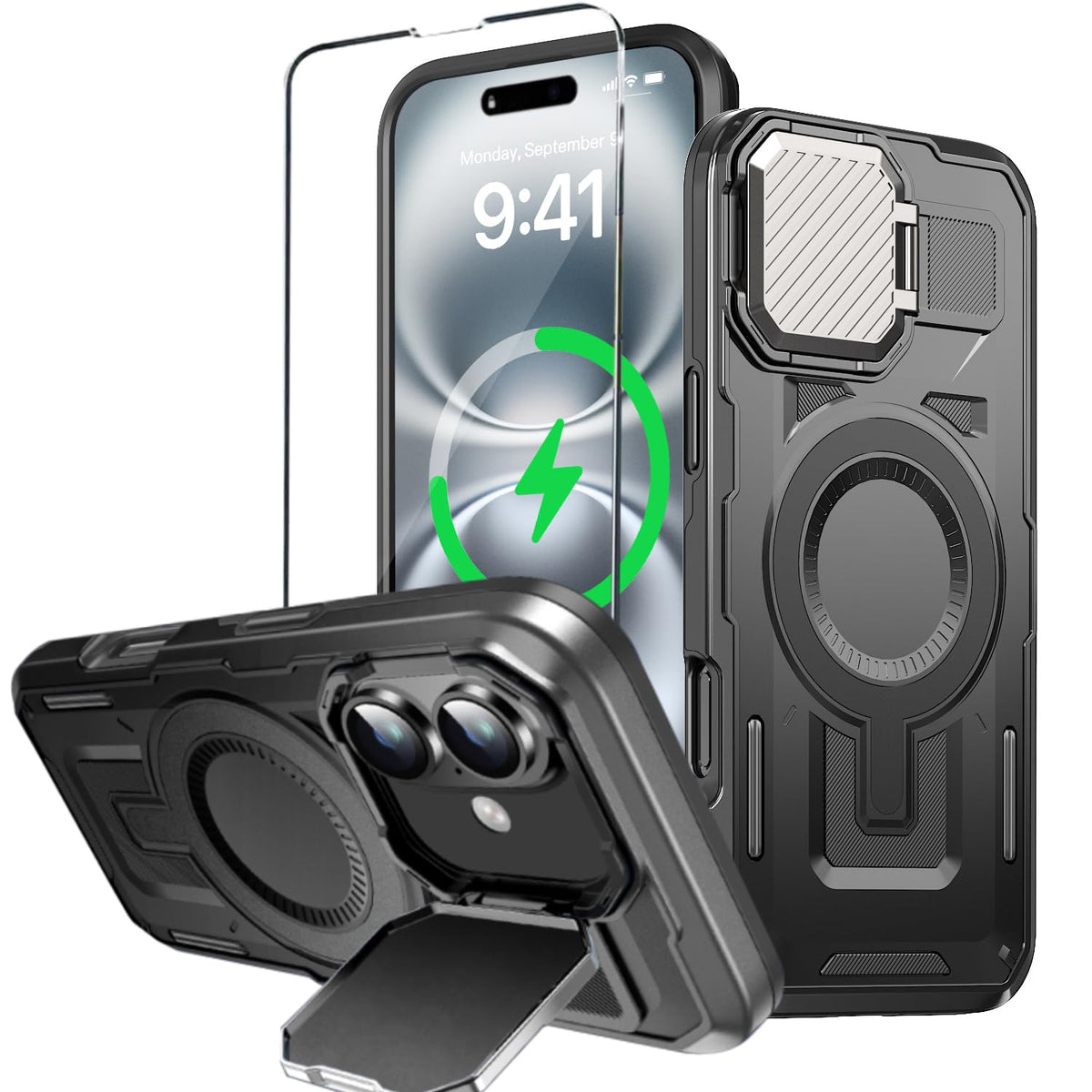 Military Grade Magnetic iPhone 16 Pro Phone Case with  Stand screen p