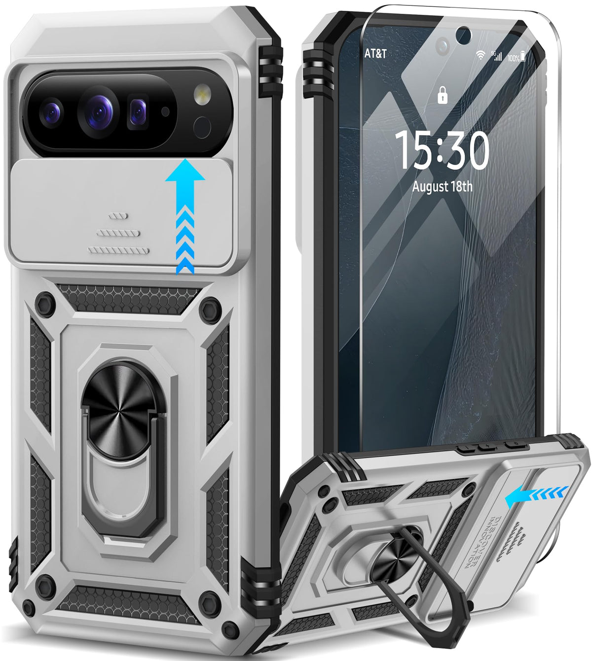 Shockproof phone case for Google Pixel 11 Pro XL with screen protector and sliding camera lens cover, and built-in 360¡ã rotating magnetic ring holder.