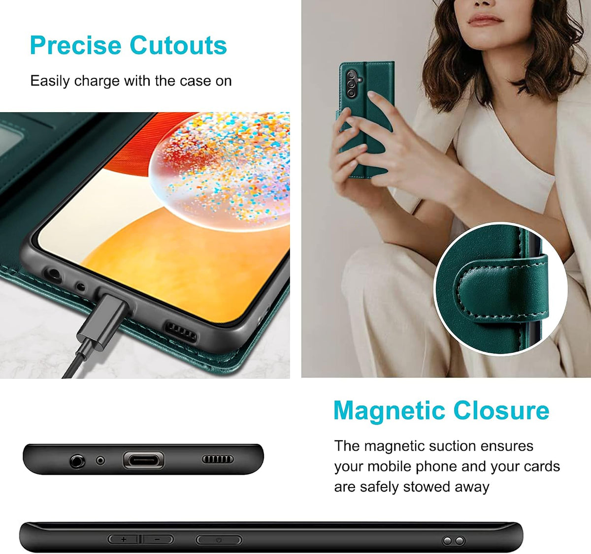 Leather phone case for Samsung A14 5G, with 4 card slots, magnetic closure, and stand.