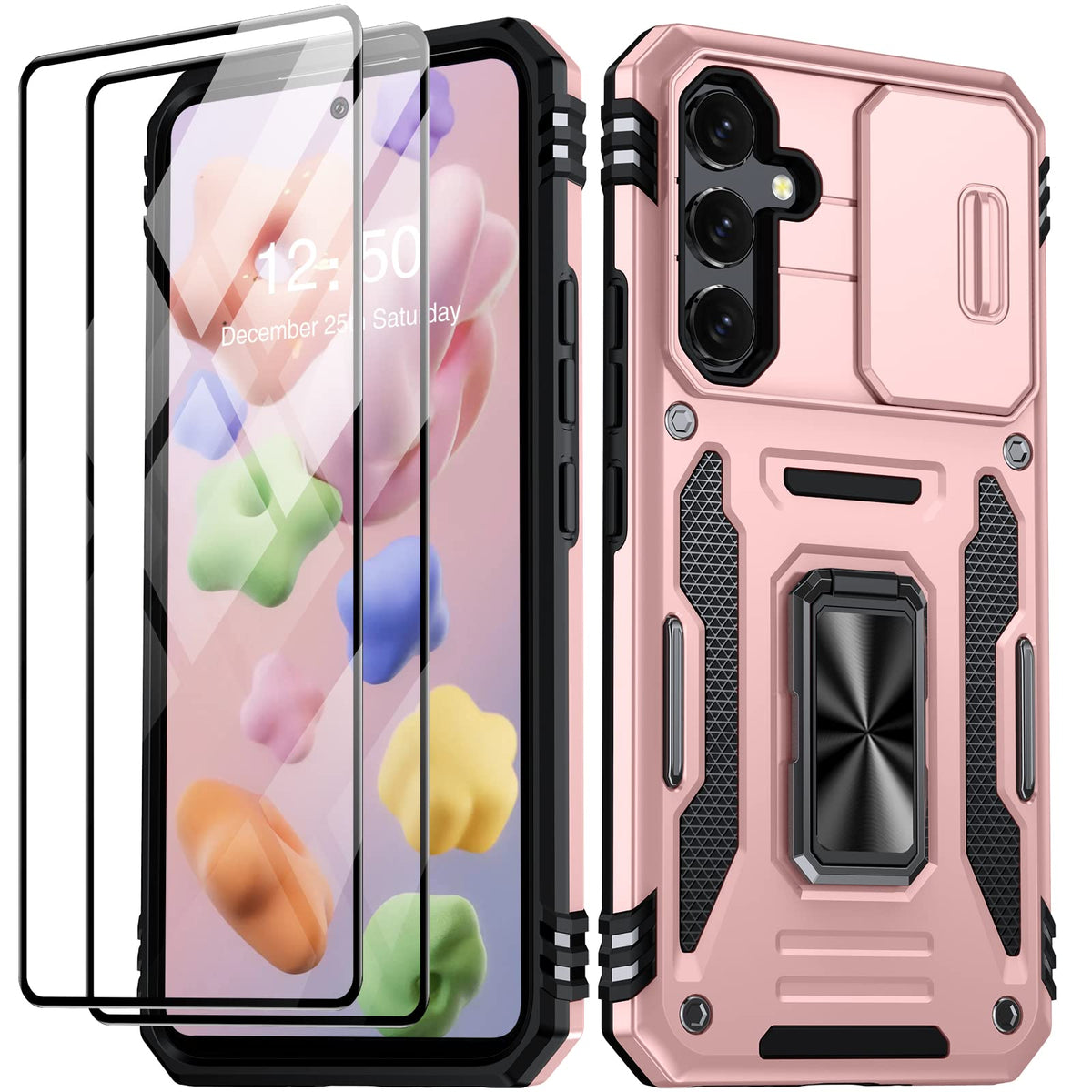 Shockproof phone case for Samsung Galaxy A55 5G, with 2 tempered glass screen protectors.