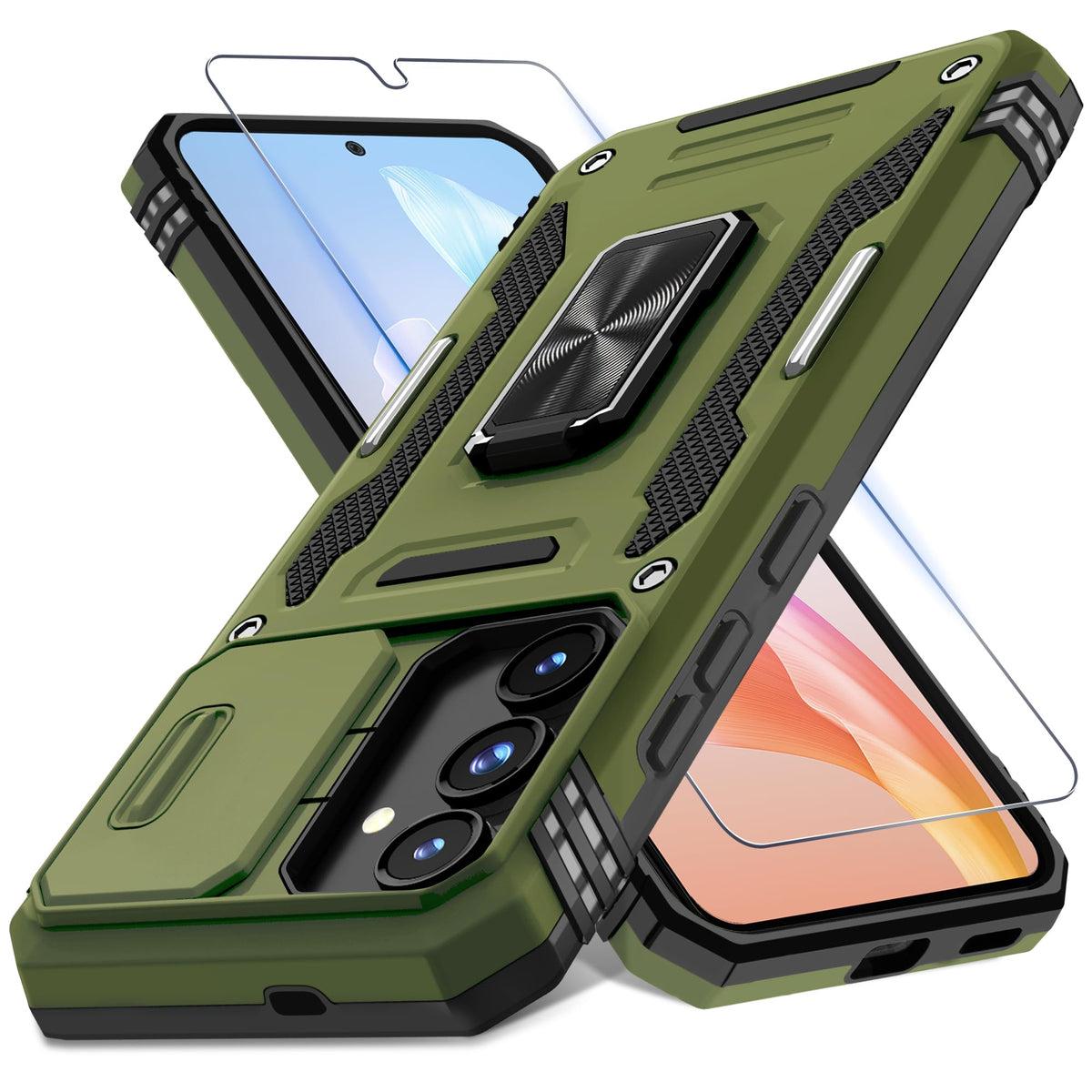 Military-grade shockproof phone case for Samsung Galaxy S25 with sliding camera cover and screen protector (1 piece)