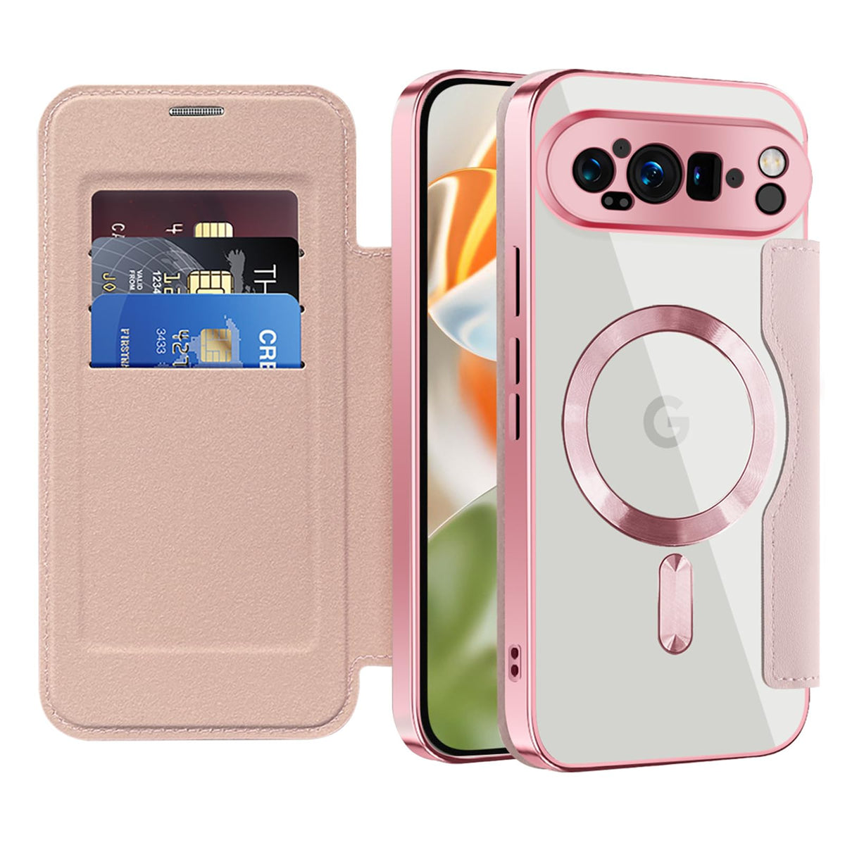 Flip wallet-style PU leather phone case for Google Pixel 10, MagSafe compatible.