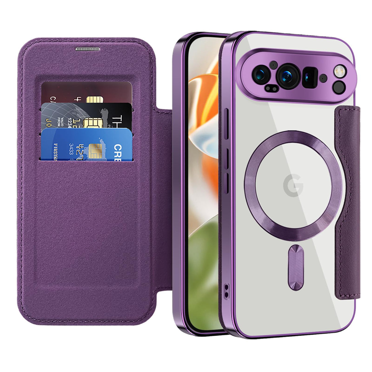 Flip wallet-style PU leather phone case for Google Pixel 10, MagSafe compatible.