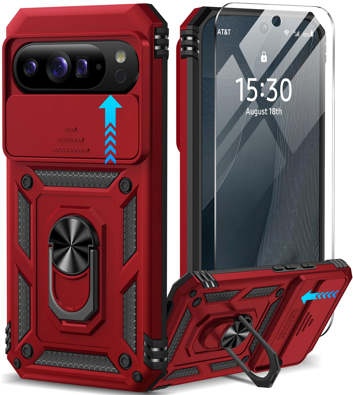 Shockproof phone case for Google Pixel 11 Pro XL with screen protector and sliding camera lens cover, and built-in 360¡ã rotating magnetic ring holder.