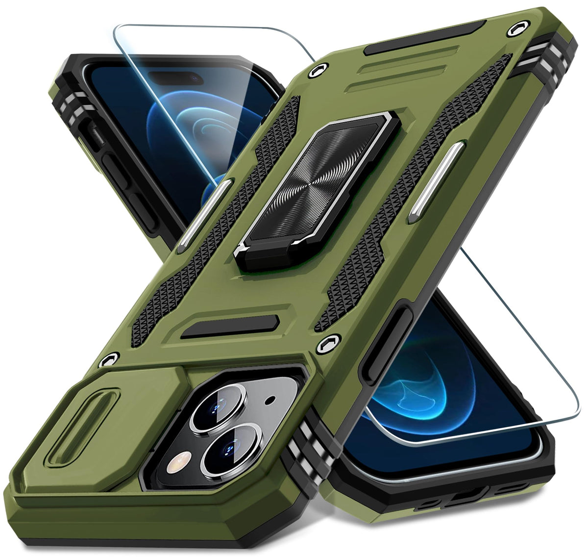 Military-grade shockproof phone case for iPhone 15 Plus with sliding camera cover and screen protector (1 piece)