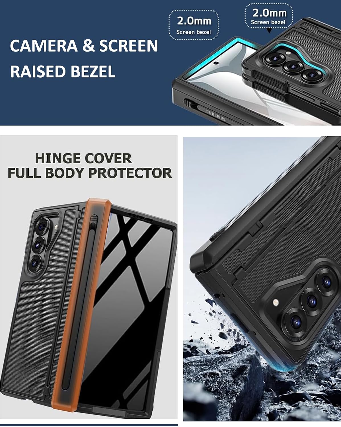 A hinged TPU phone case for the Samsung Galaxy Z Fold 7 with an S Pen slot, stylus, and hidden stand.