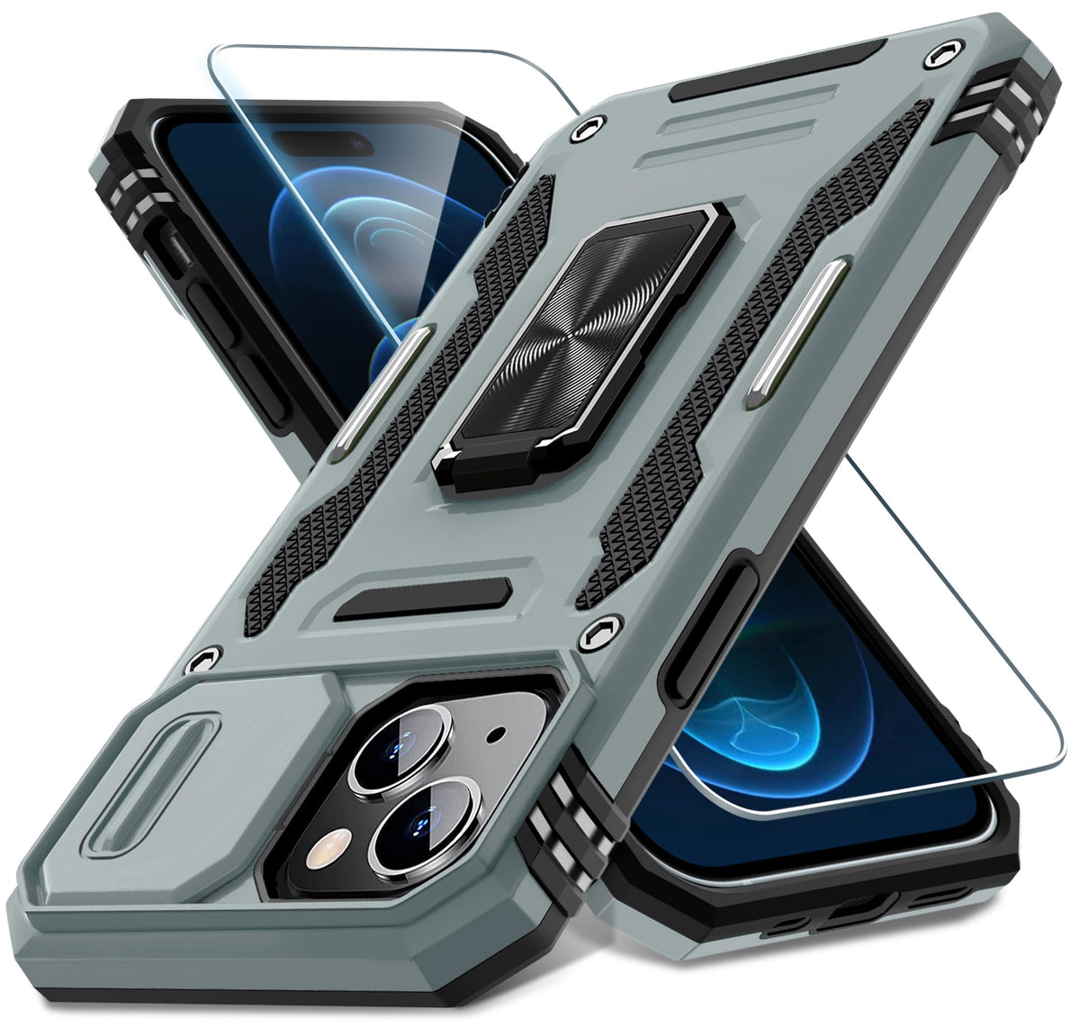 Military-grade shockproof phone case for iPhone 15 Plus with sliding camera cover and screen protector (1 piece)