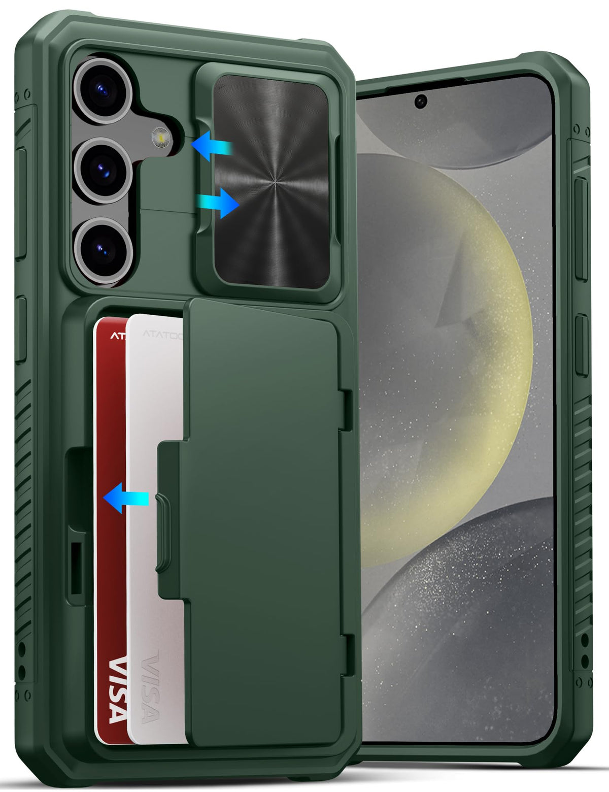 Military-grade shockproof phone case for Samsung Galaxy S24, with built-in card holder.