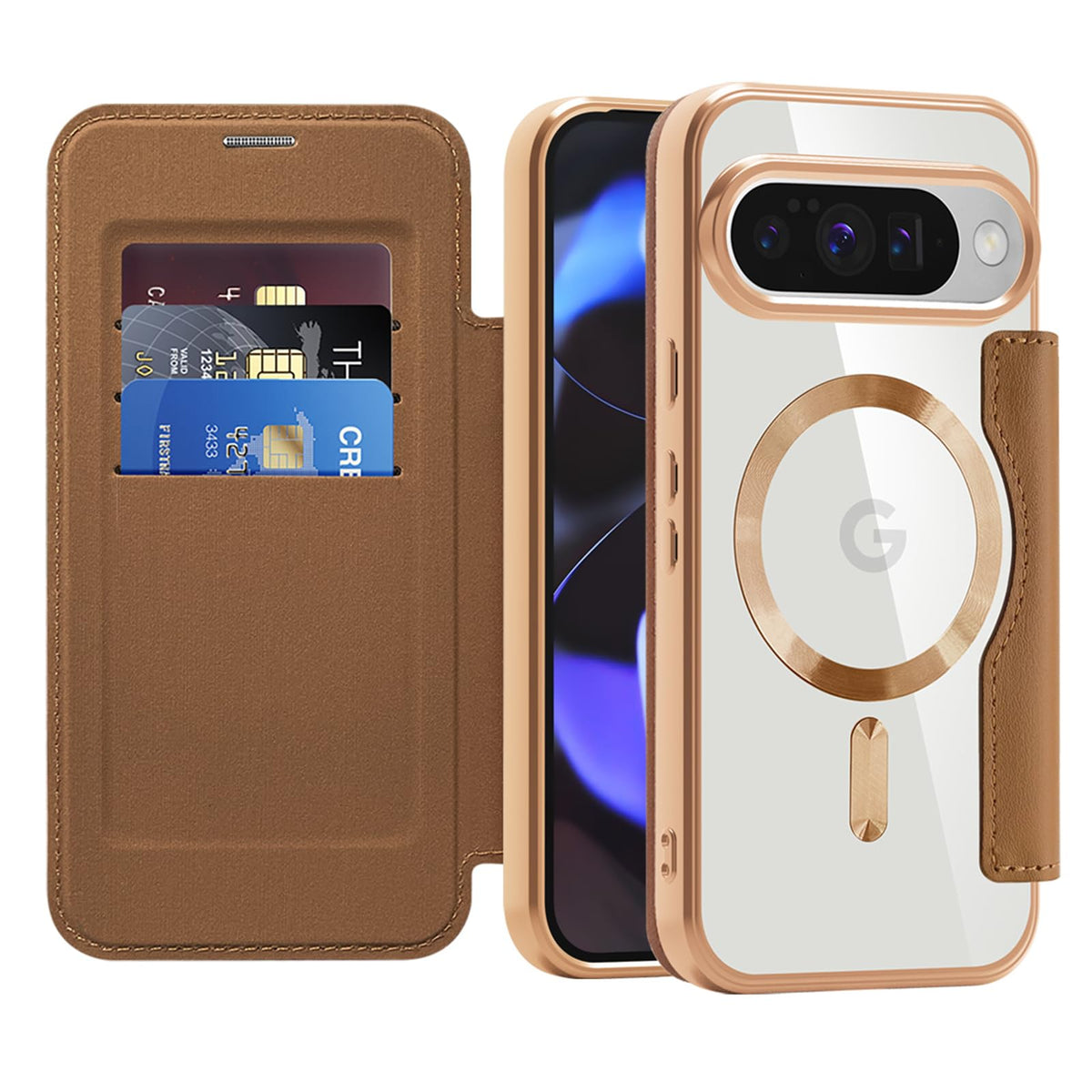 Flip wallet-style PU leather phone case for Google Pixel 10, MagSafe compatible.