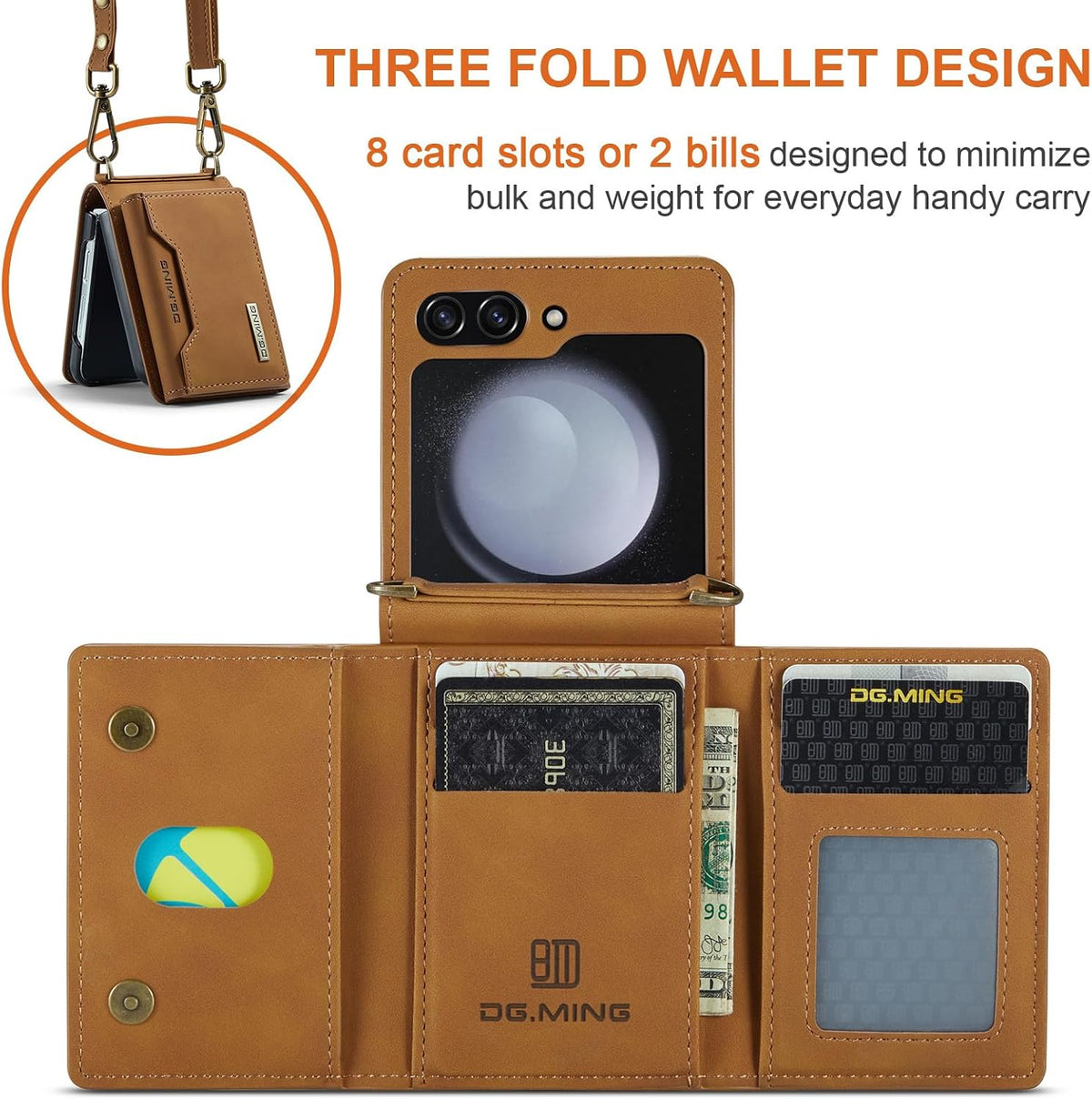 Lightweight durable microfiber leather phone cover with 8 card slots cash pocket for Samsung Z Flip 6