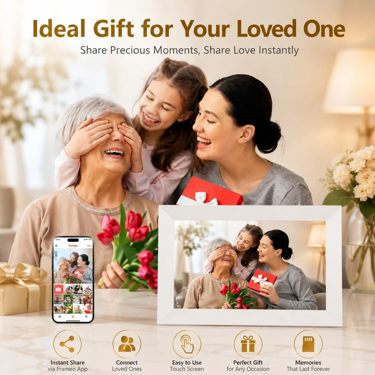 Frameo Digital Photo Frame 10.1 Inch WiFi Digital Picture Frame with 16GB Storage, IPS Touch Screen HD Display, Auto-Rotate, Slideshow, Share Moments via Free APP - Gift for Family and Friends
