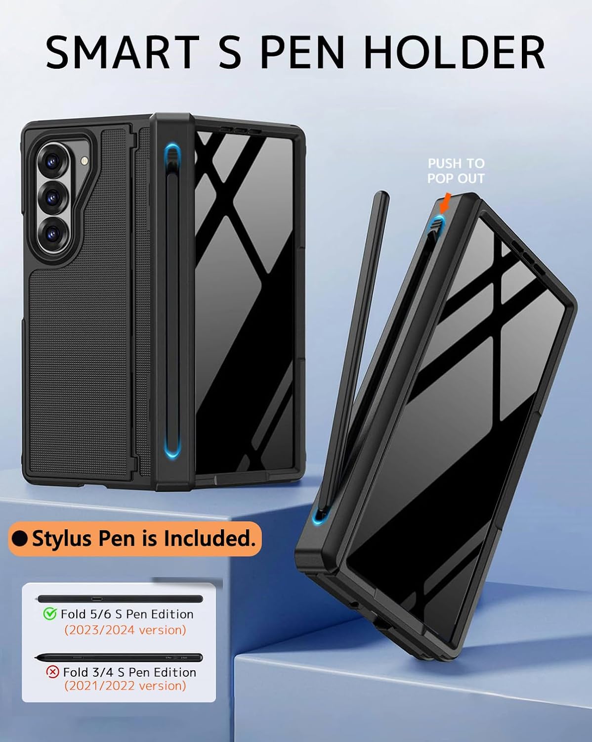 A hinged TPU phone case for the Samsung Galaxy Z Fold 7 with an S Pen slot, stylus, and hidden stand.