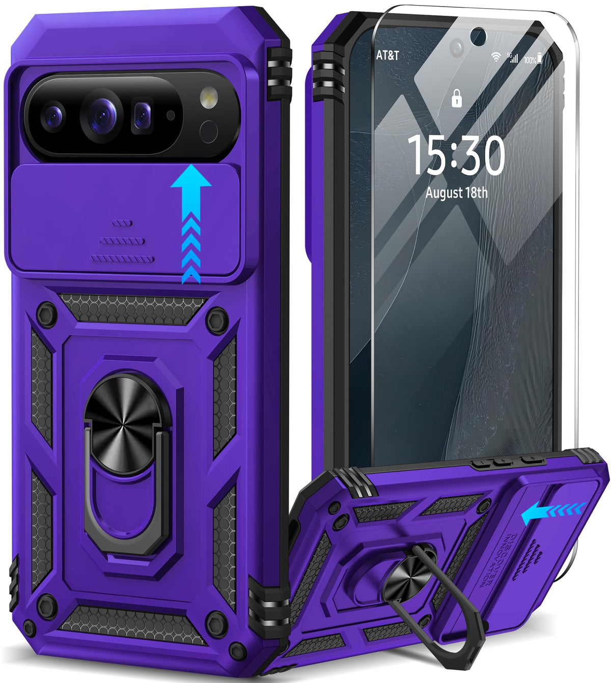 Shockproof phone case for Google Pixel 11 Pro XL with screen protector and sliding camera lens cover, and built-in 360¡ã rotating magnetic ring holder.