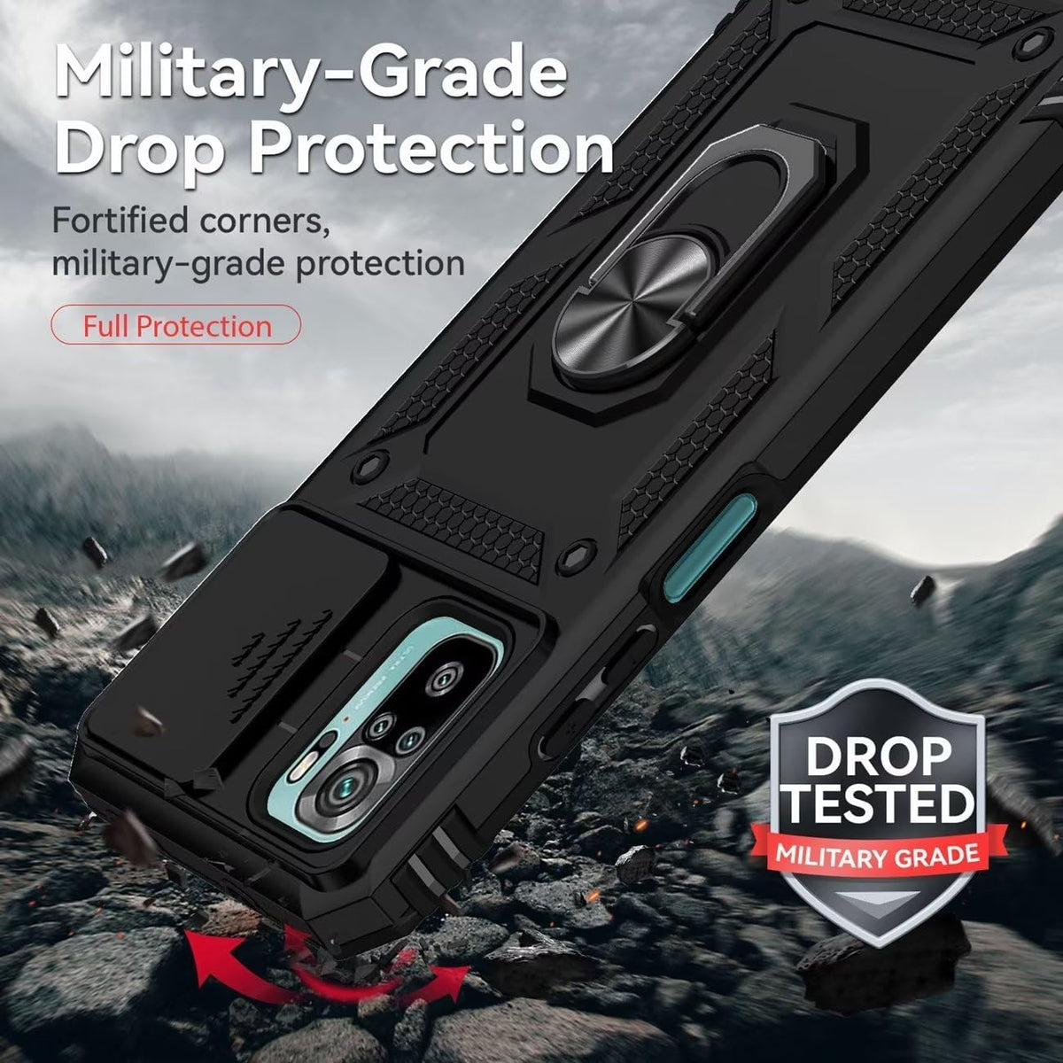 Magnetic phone case for Redmi Note 10/Redmi Note 10S/Poco M5S, with tempered glass screen protector.
