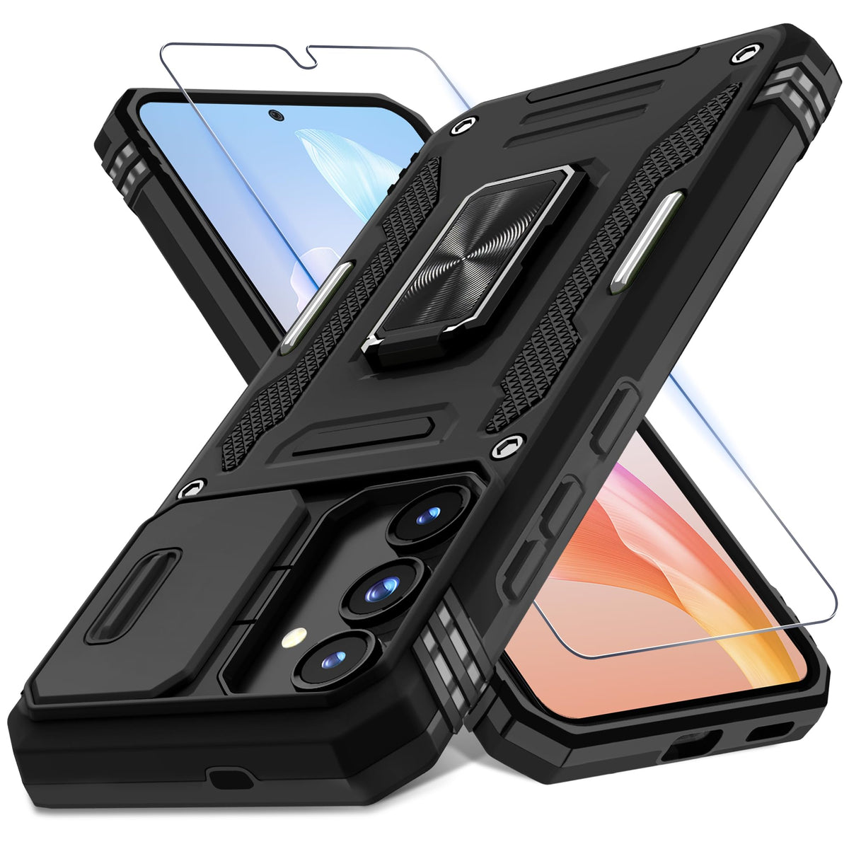 Military-grade shockproof phone case for Samsung Galaxy S25 with sliding camera cover and screen protector (1 piece)