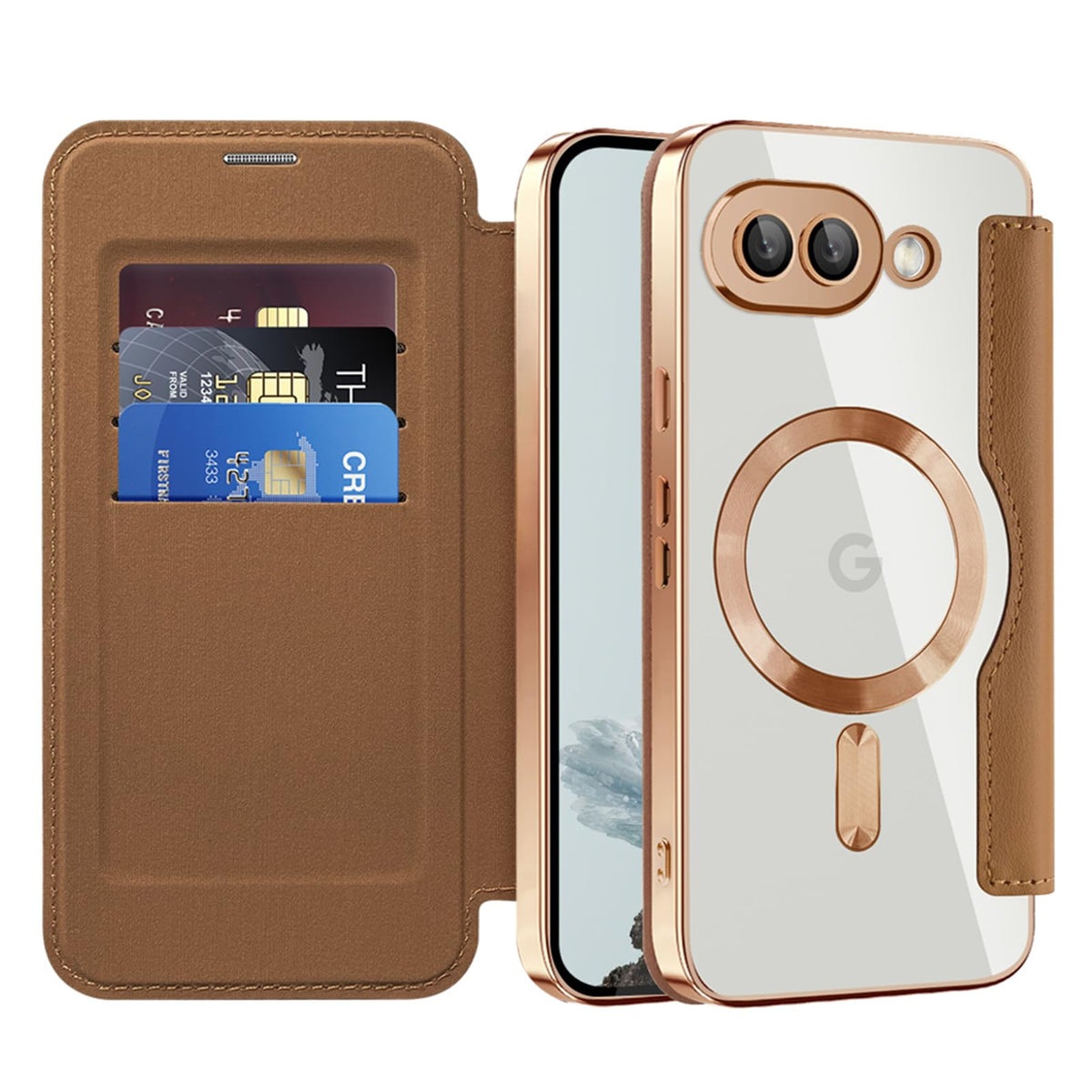 Flip wallet-style PU leather phone case for Google Pixel 10, MagSafe compatible.