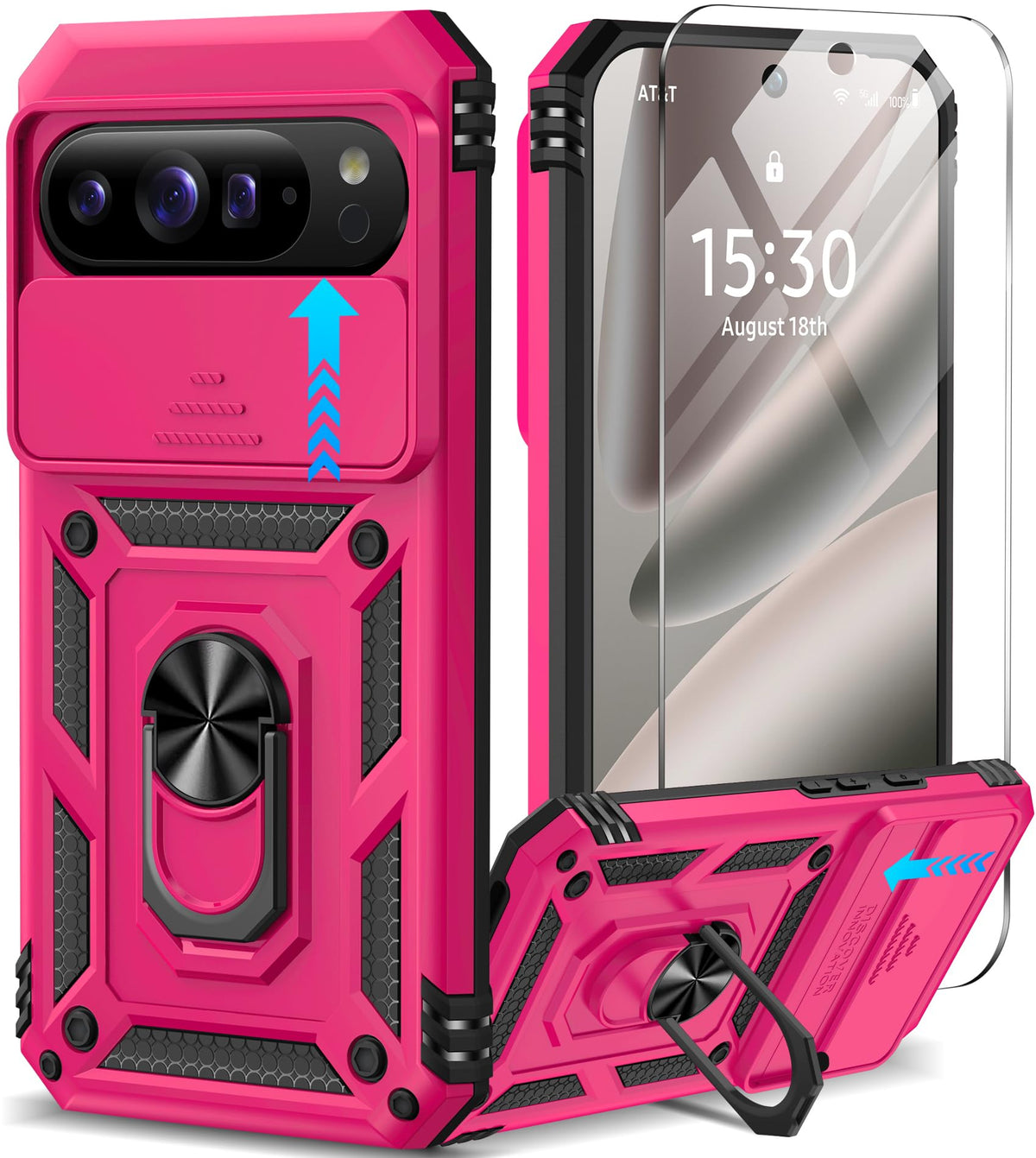 Shockproof phone case for Google Pixel 11 Pro XL with screen protector and sliding camera lens cover, and built-in 360¡ã rotating magnetic ring holder.