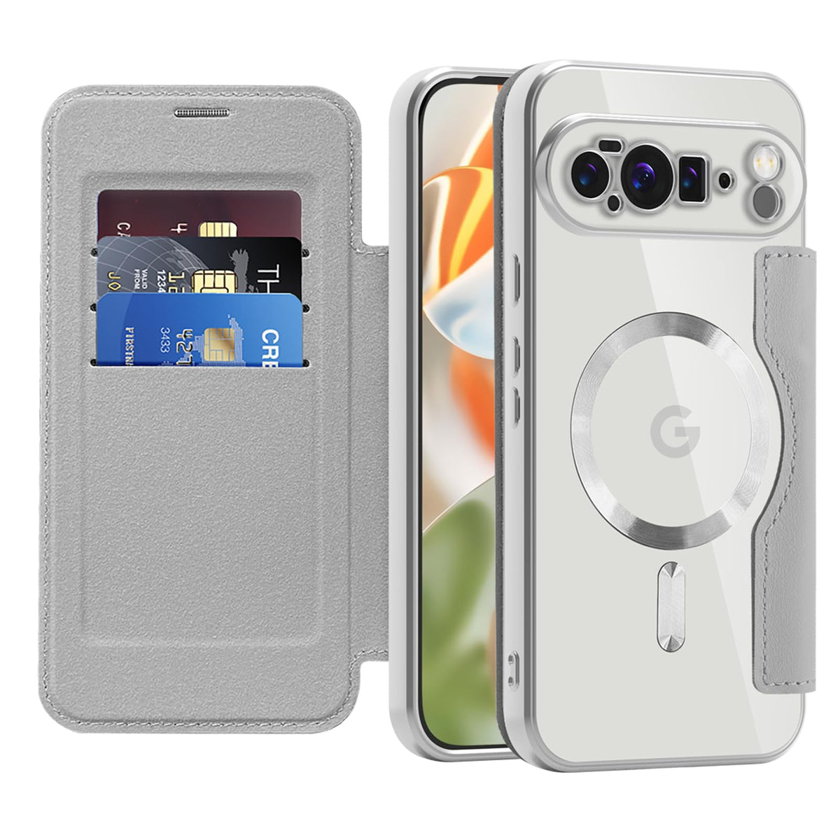 Flip wallet-style PU leather phone case for Google Pixel 10, MagSafe compatible.