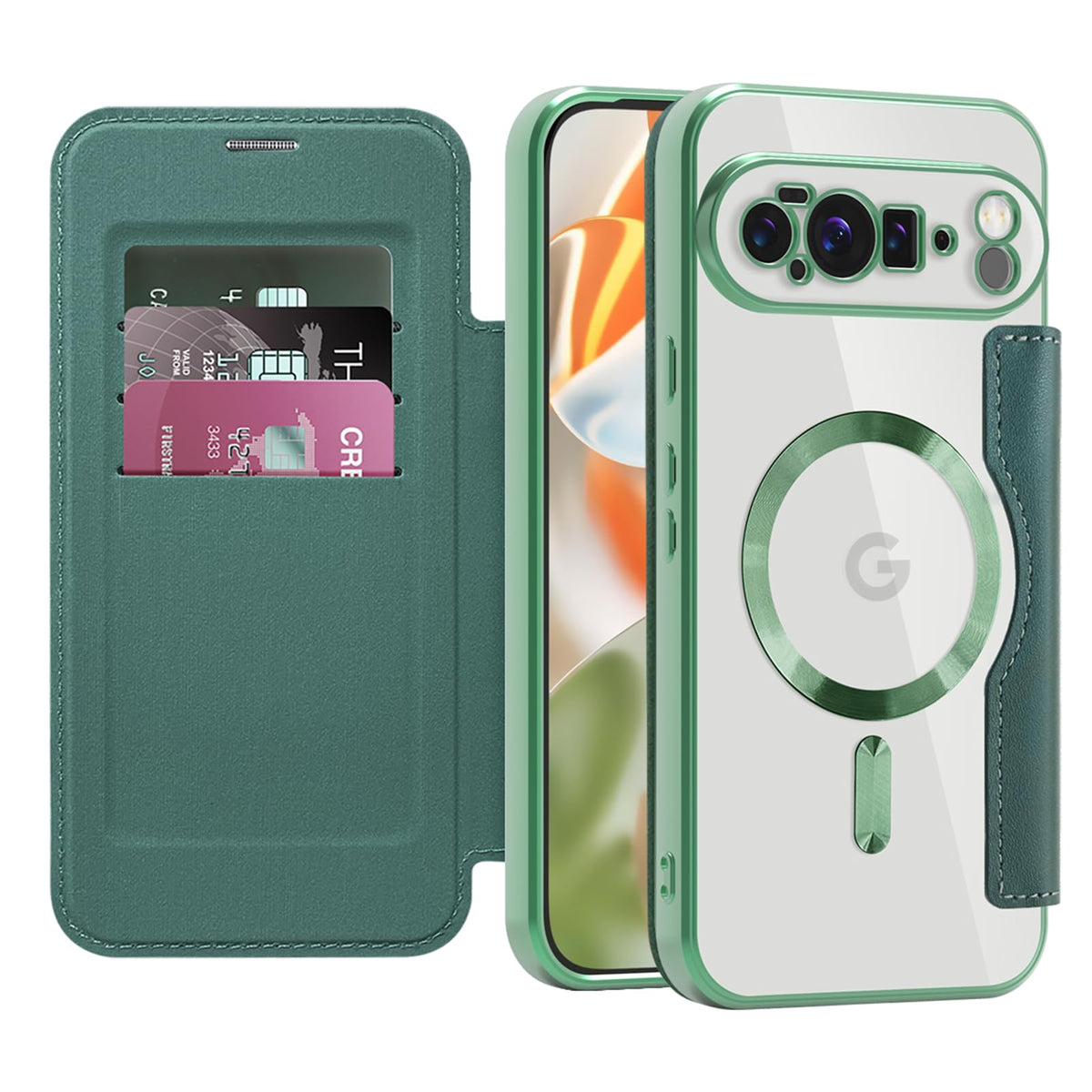 Flip wallet-style PU leather phone case for Google Pixel 10, MagSafe compatible.