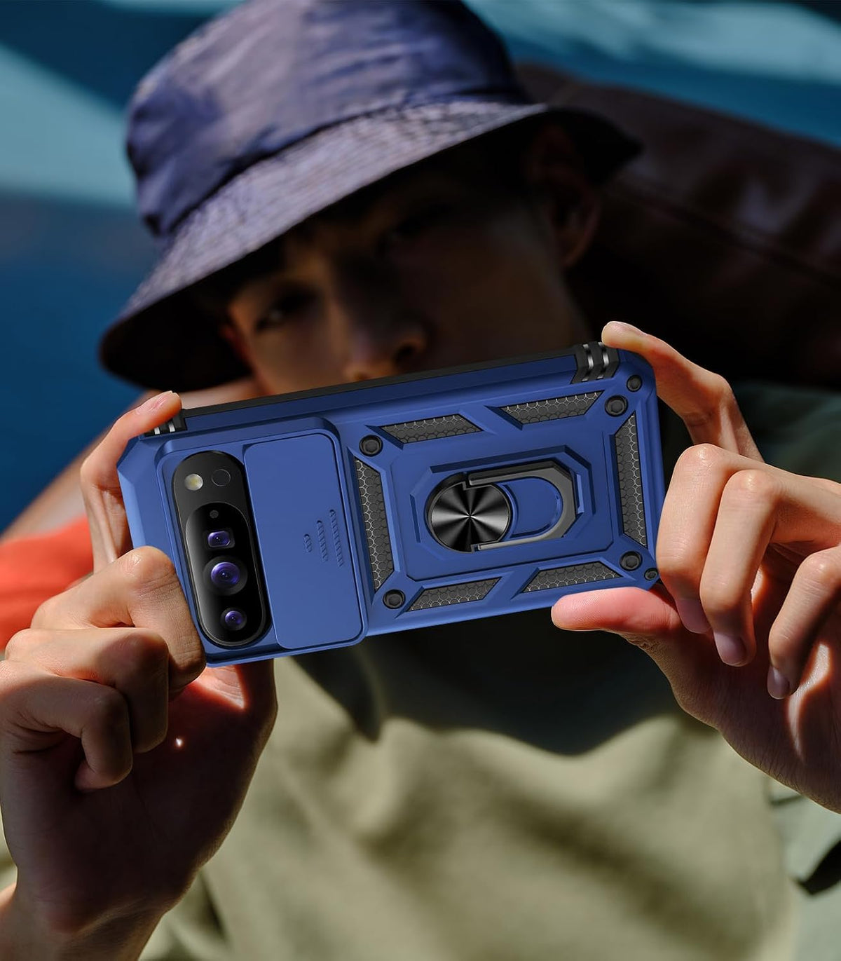 Shockproof phone case for Google Pixel 11 Pro XL with screen protector and sliding camera lens cover, and built-in 360¡ã rotating magnetic ring holder.