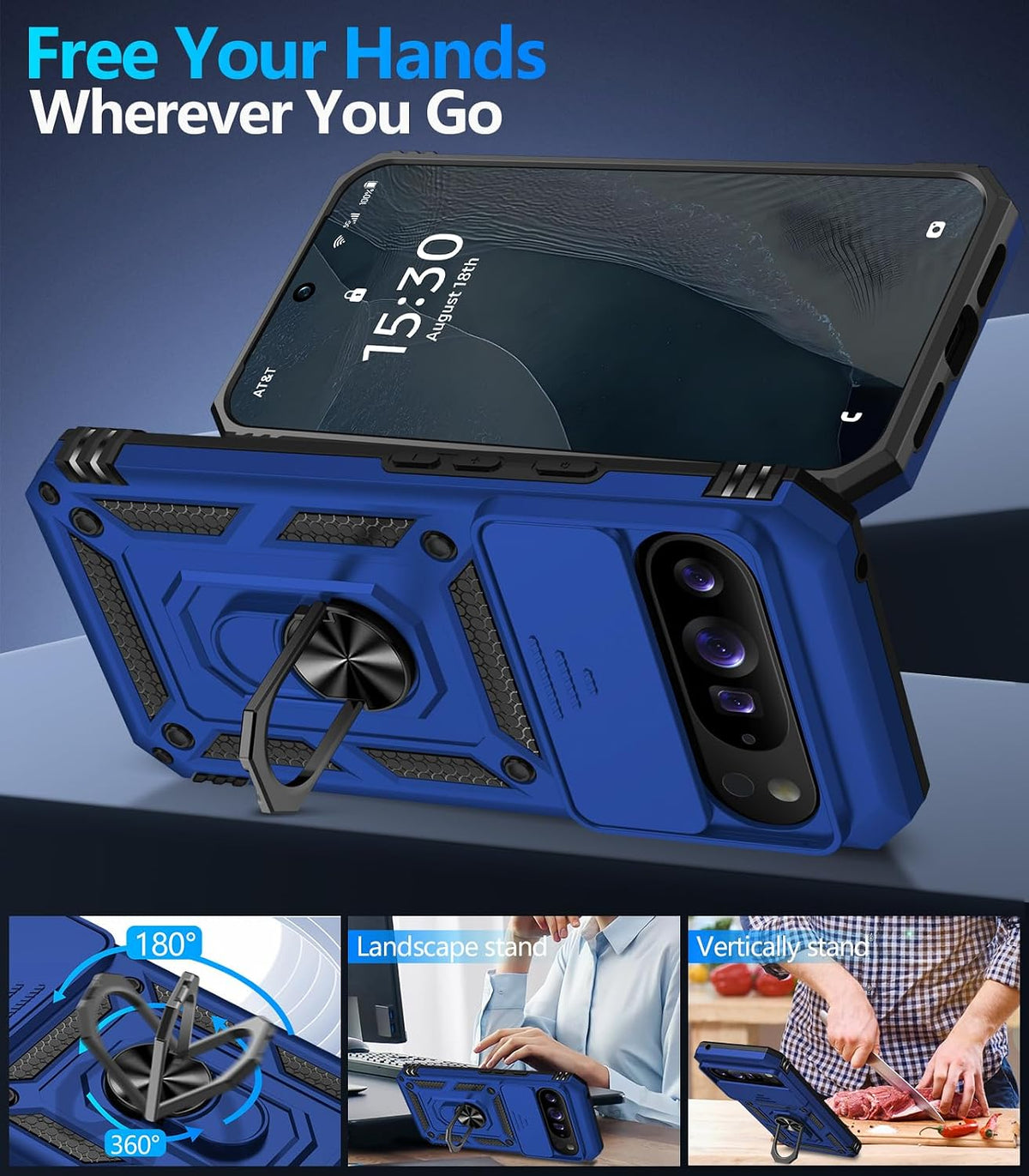 Shockproof phone case for Google Pixel 11 Pro XL with screen protector and sliding camera lens cover, and built-in 360¡ã rotating magnetic ring holder.