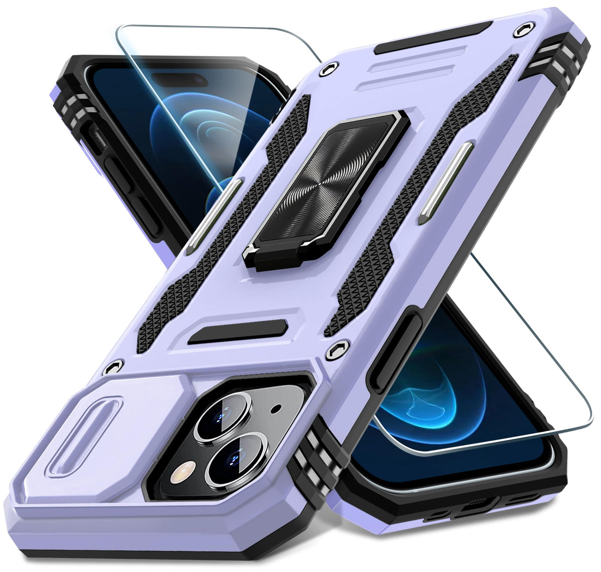 Military-grade shockproof phone case for iPhone 15 Plus with sliding camera cover and screen protector (1 piece)