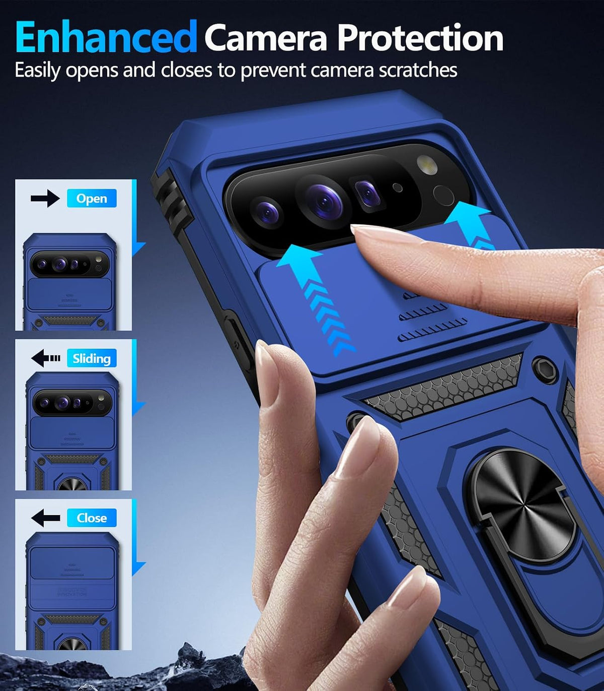 Shockproof phone case for Google Pixel 11 Pro XL with screen protector and sliding camera lens cover, and built-in 360¡ã rotating magnetic ring holder.