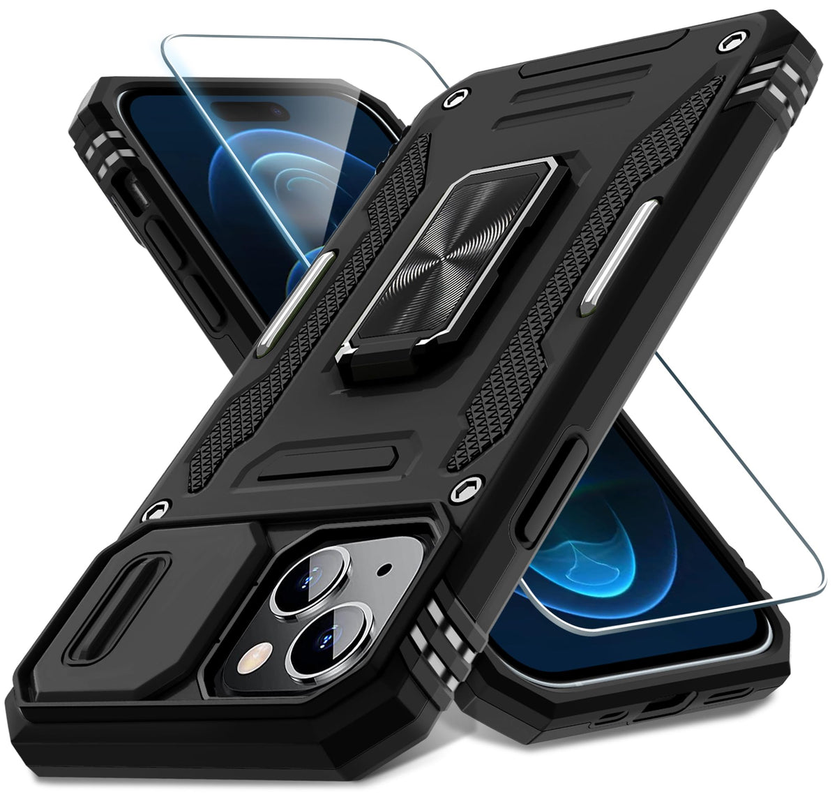 Military-grade shockproof phone case for iPhone 15 Plus with sliding camera cover and screen protector (1 piece)