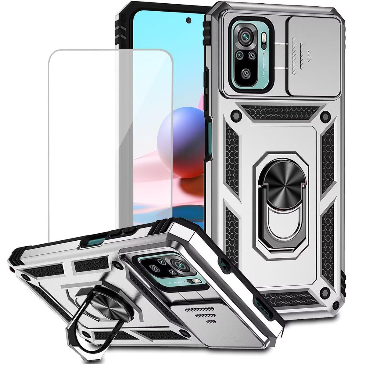 Magnetic phone case for Redmi Note 10/Redmi Note 10S/Poco M5S, with tempered glass screen protector.