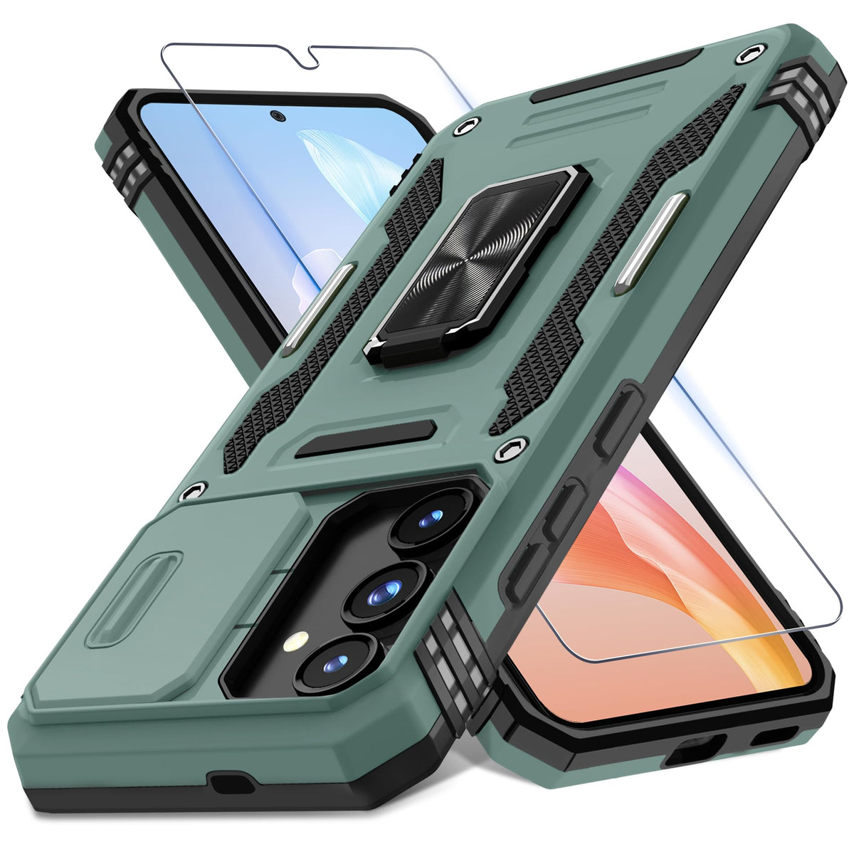 Military-grade shockproof phone case for Samsung Galaxy S25 with sliding camera cover and screen protector (1 piece)