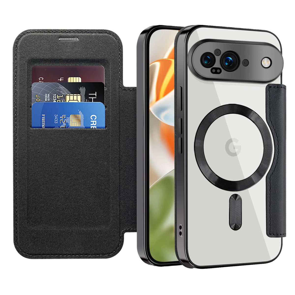 Flip wallet-style PU leather phone case for Google Pixel 10, MagSafe compatible.