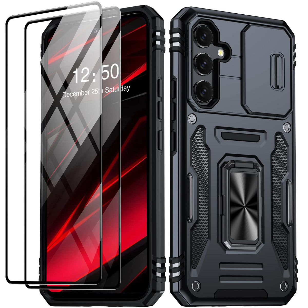 Shockproof phone case for Samsung Galaxy A55 5G, with 2 tempered glass screen protectors.