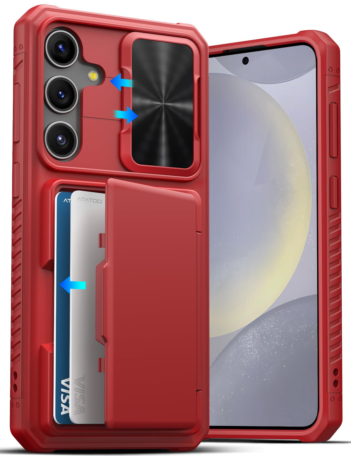 Military-grade shockproof phone case for Samsung Galaxy S24, with built-in card holder.