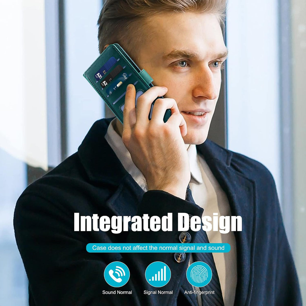 Leather phone case for Samsung A14 5G, with 4 card slots, magnetic closure, and stand.