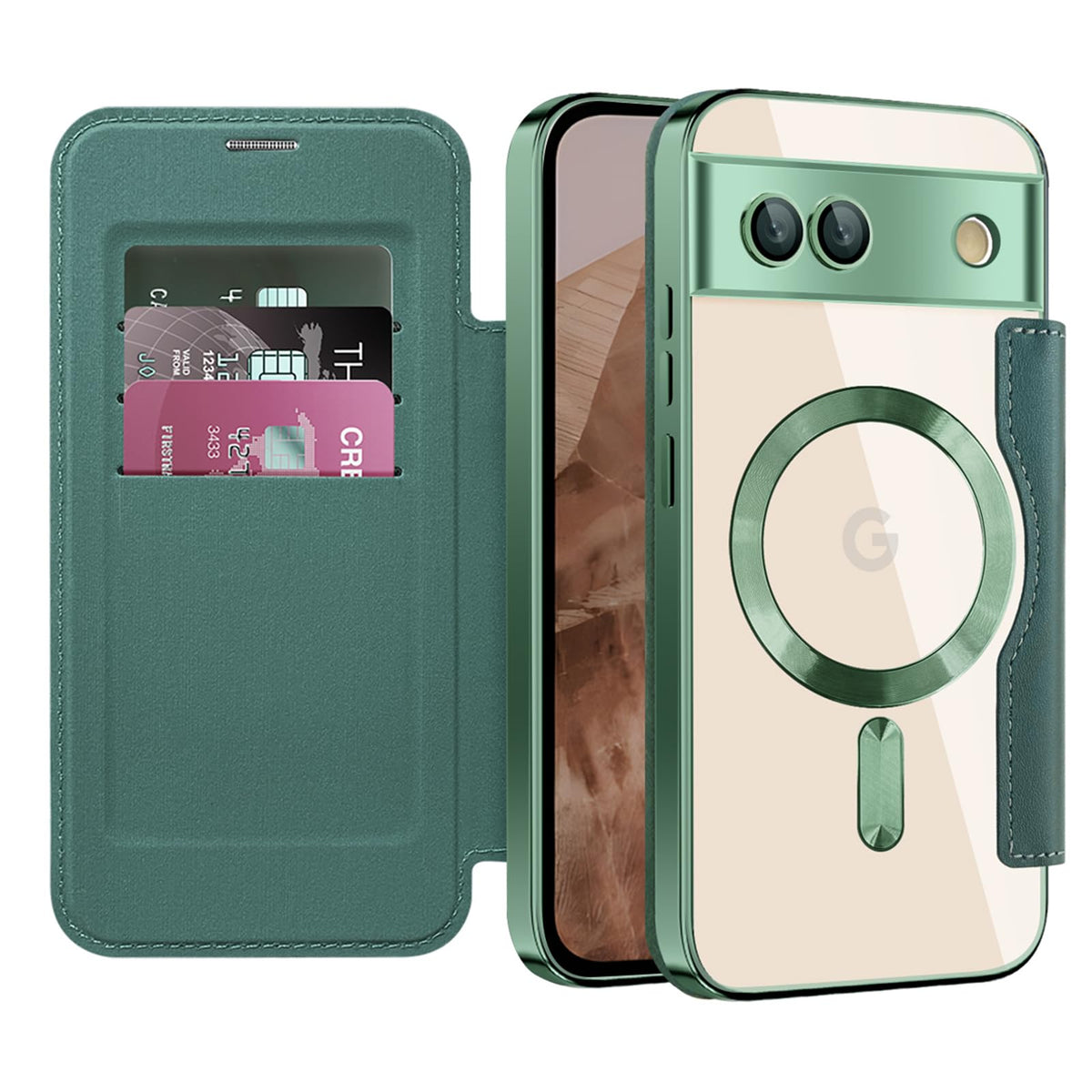 Flip wallet-style PU leather phone case for Google Pixel 10, MagSafe compatible.