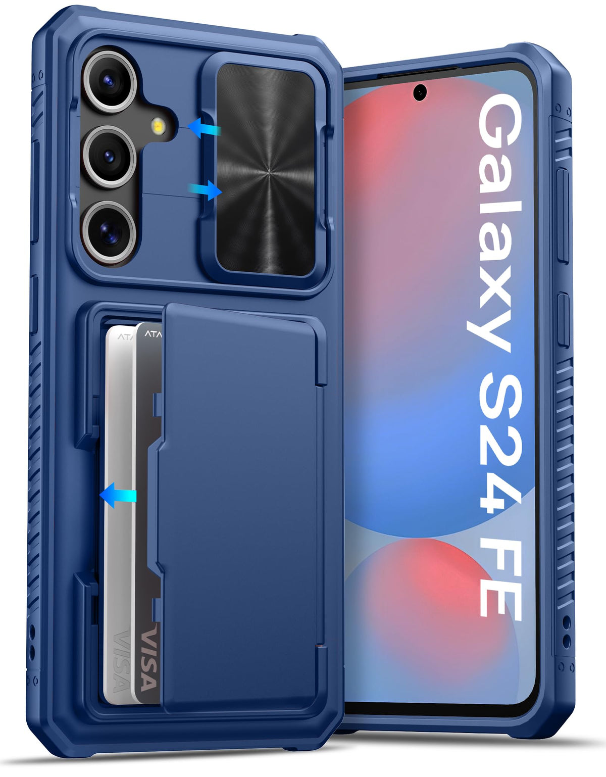 Military-grade shockproof phone case for Samsung Galaxy S24, with built-in card holder.