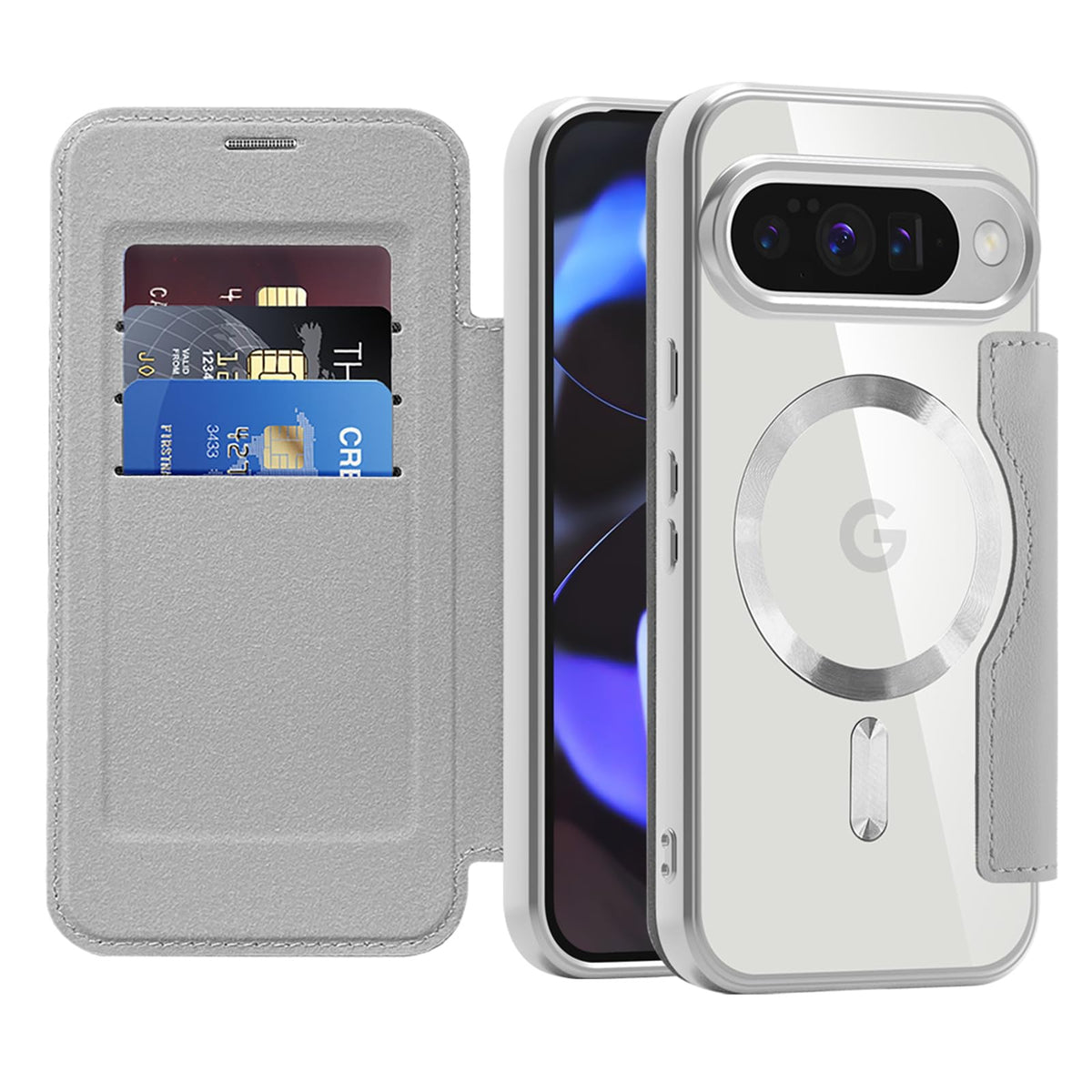 Flip wallet-style PU leather phone case for Google Pixel 10, MagSafe compatible.