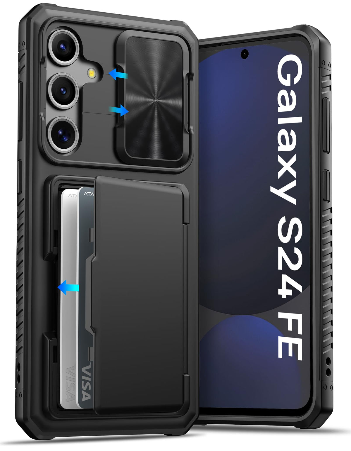 Military-grade shockproof phone case for Samsung Galaxy S24, with built-in card holder.