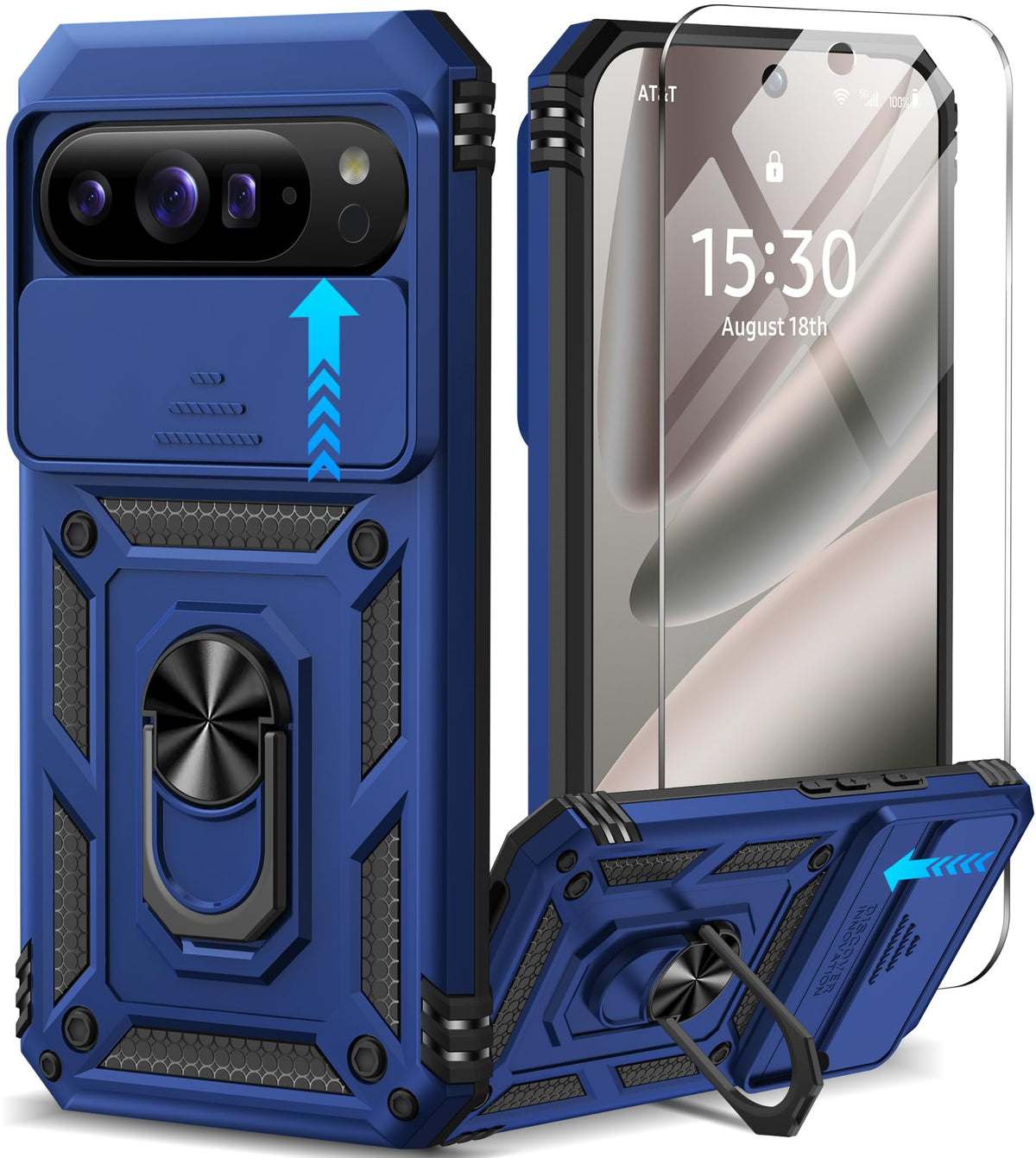 Shockproof phone case for Google Pixel 11 Pro XL with screen protector and sliding camera lens cover, and built-in 360¡ã rotating magnetic ring holder.
