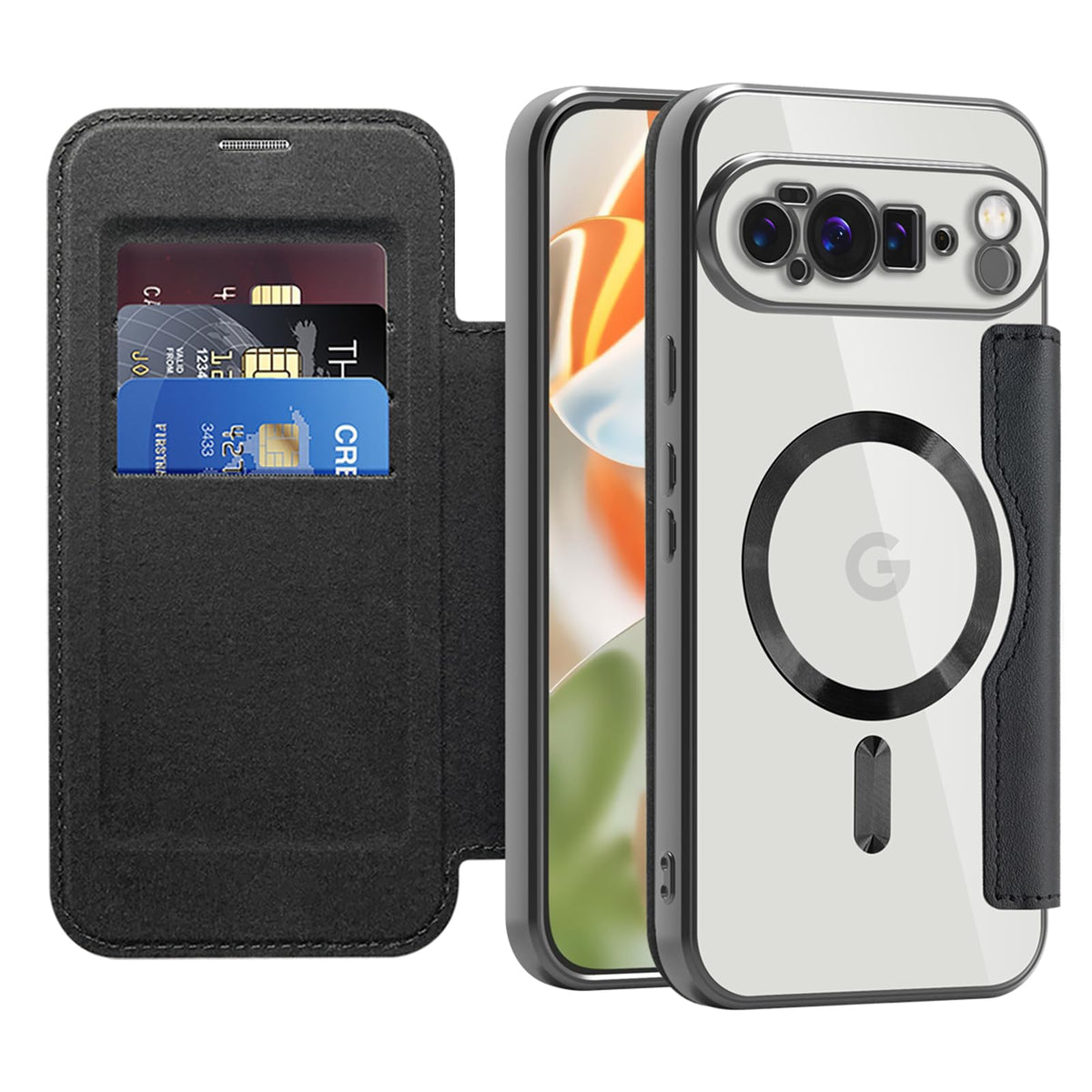 Flip wallet-style PU leather phone case for Google Pixel 10, MagSafe compatible.