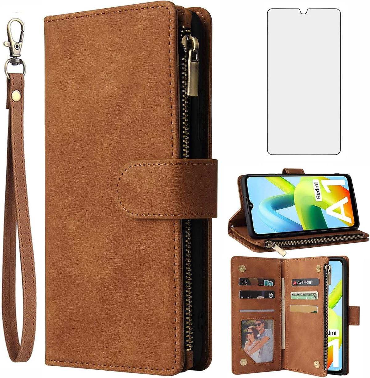 Leather wallet-style phone case with tempered glass screen protector for Xiaomi Redmi A1