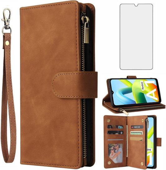 Leather wallet-style phone case with tempered glass screen protector for Xiaomi Redmi A1