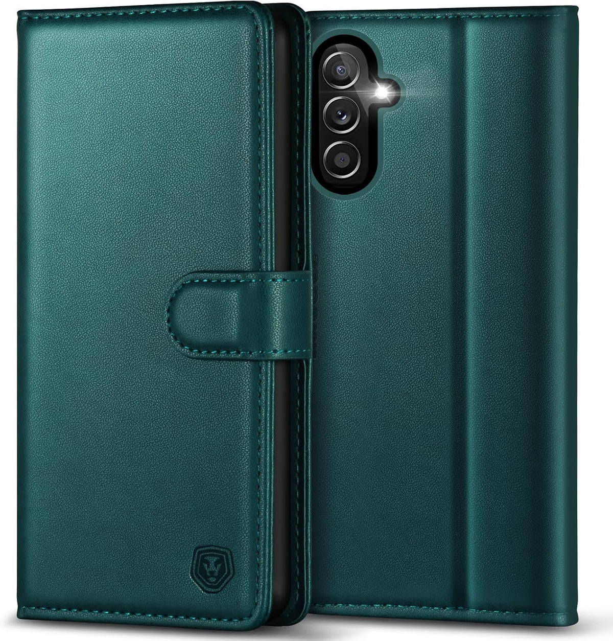 Leather phone case for Samsung A14 5G, with 4 card slots, magnetic closure, and stand.